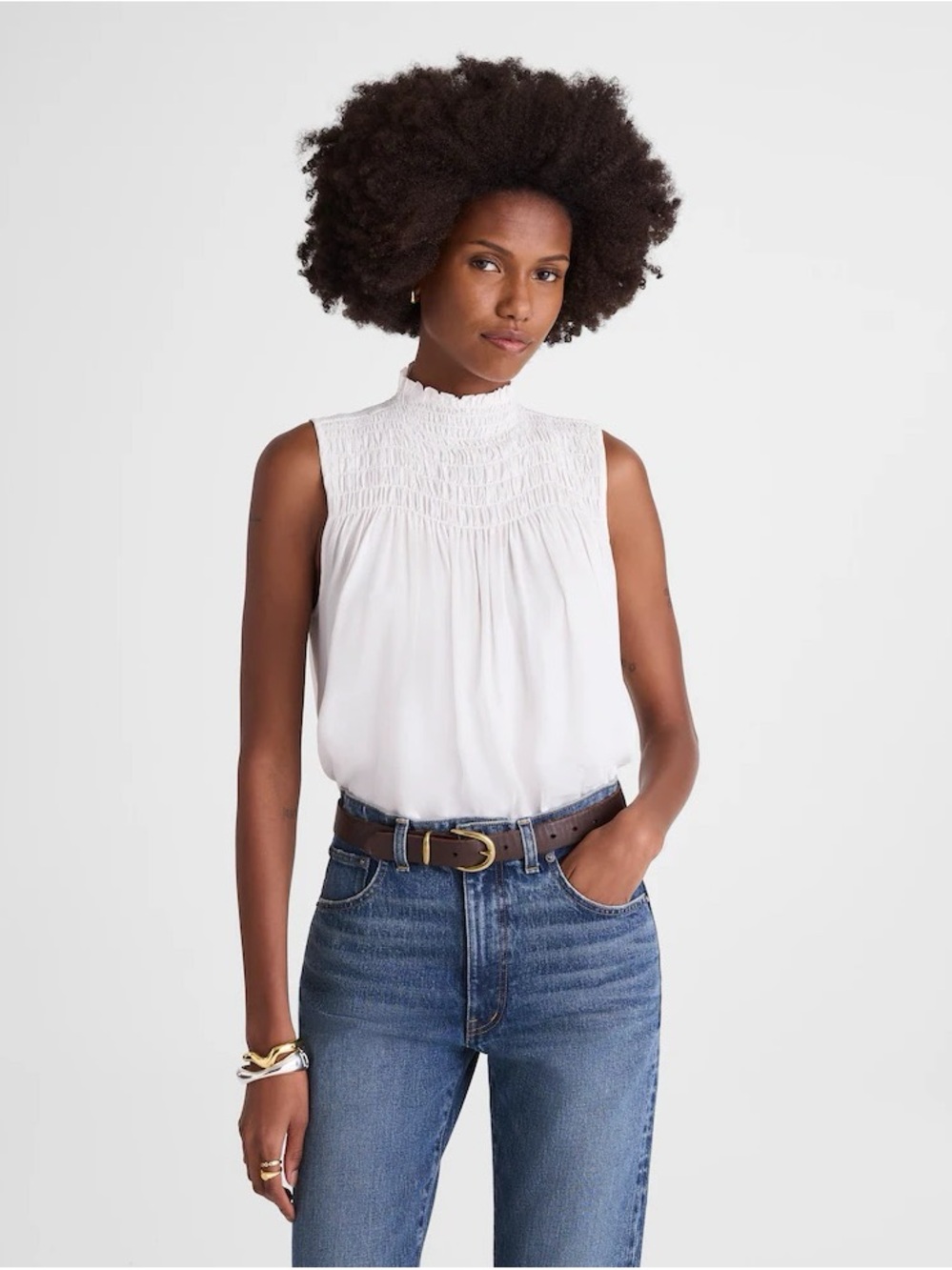 Madewell White Smocked High-Neck Sleeveless Blouse